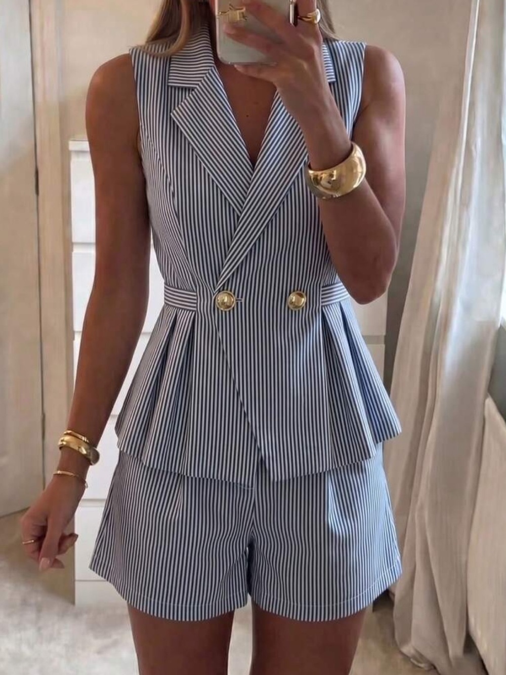 Striped Sleeveless Peplum Blazer & Short Set - Navy/White